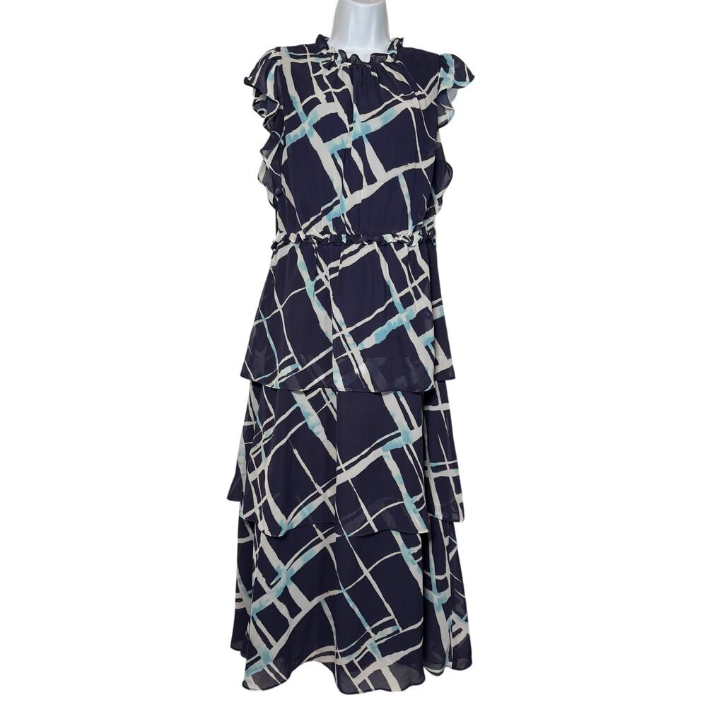 Julia Jordan Tiered Dress Flutter Sleeve Midi Navy White Size 6 Cutout on Back